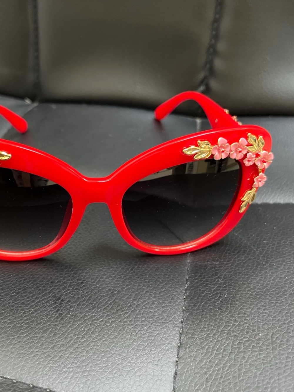 Red Plastic Cat Eye Sunglasses w/ Pink & Gold Flower Design